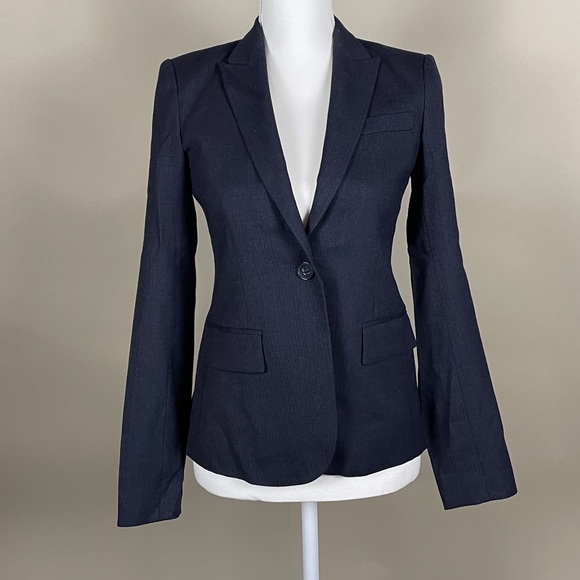 Theory Blazer in Navy Wool with Subtle Herringbone Patterning - Picture 1 of 8
